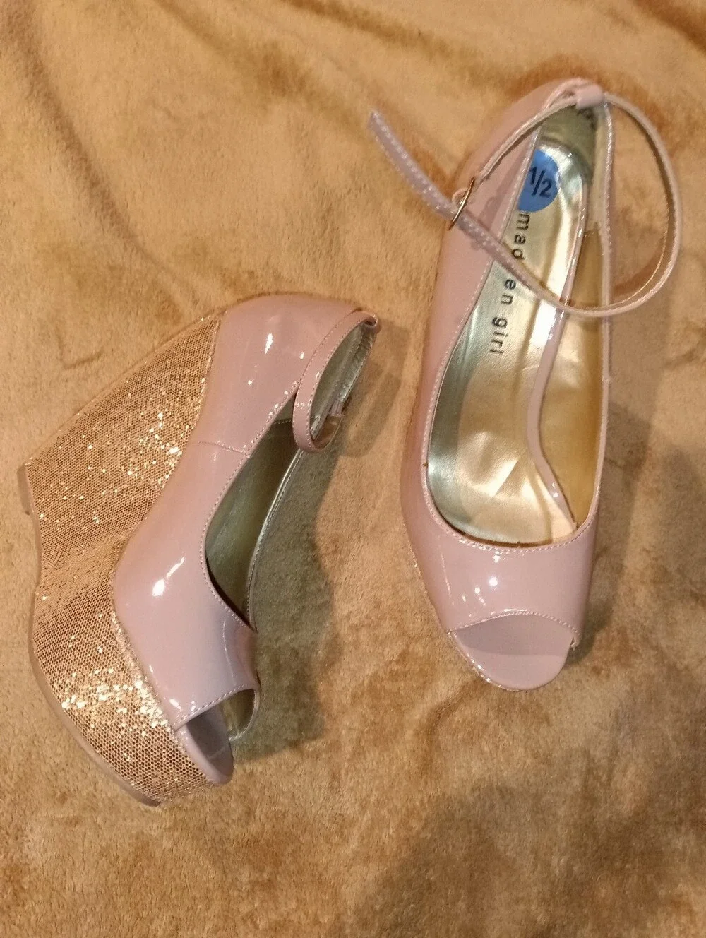 Madden Girl Pink Patent Peep-Toe Ankle-Strap Wedges